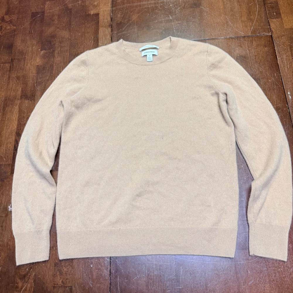 Nordstrom Cashmere Sweater Mens M Tan Camel Crewneck Long Sleeve Knit Pullover‎